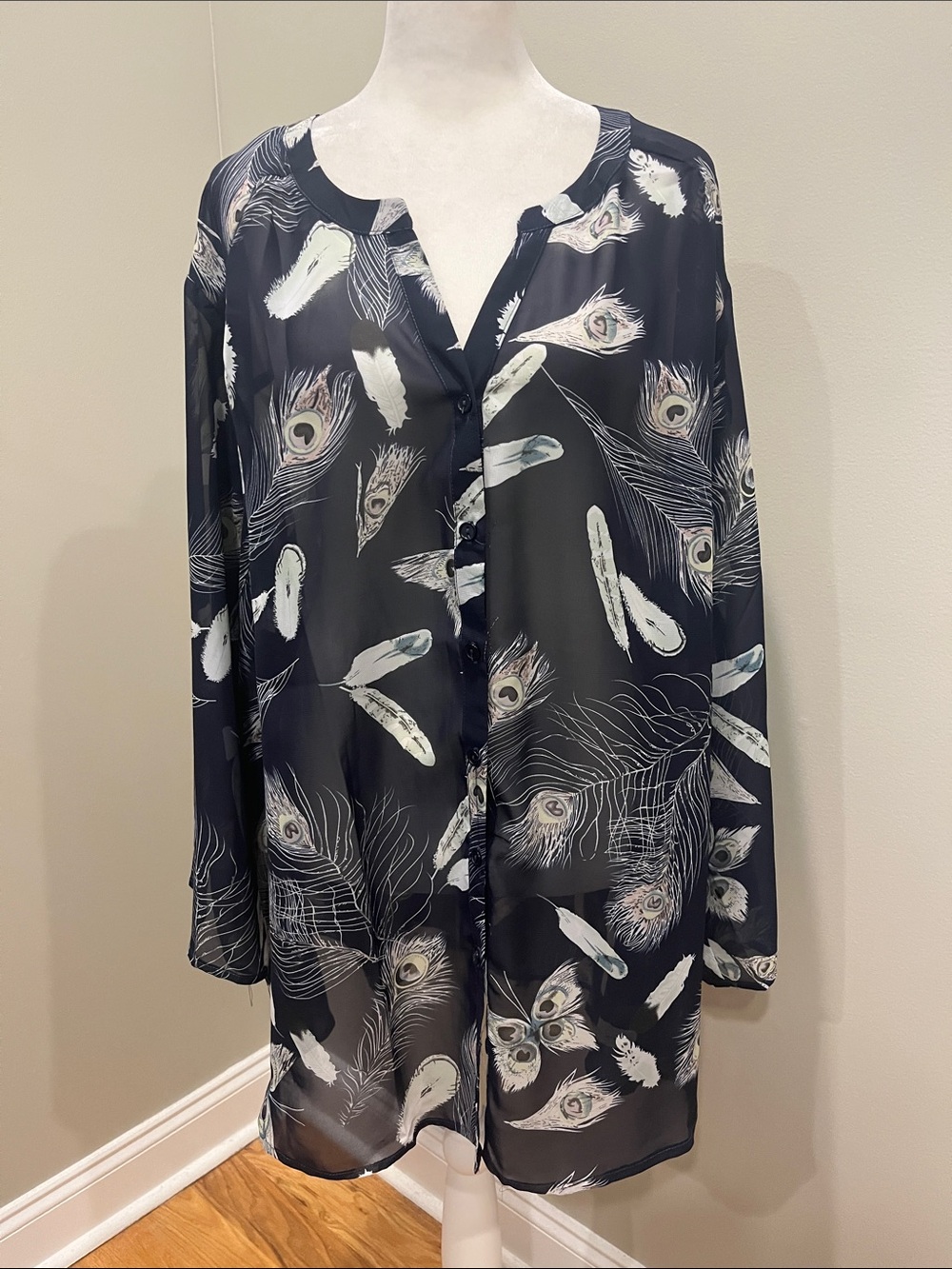 Chicwe Lightweight Sheer Feather Butterfly Button Down Blouse